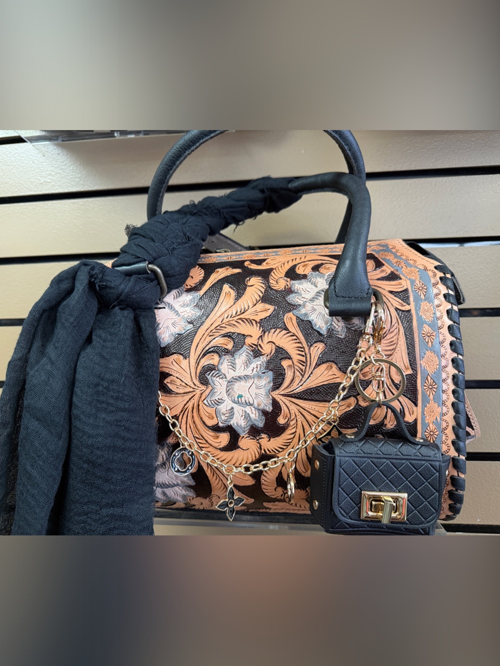 Countryside Co. Women's Black and Tan Leather Floral Embossed Speedy Bag